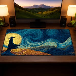 May include: A rectangular mouse pad featuring a stylized depiction of a starry night with a figure in a hat. The design incorporates swirling blues, yellows, and a large yellow moon, creating a vibrant and artistic aesthetic.