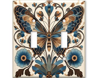 Blue Butterfly Light Switch Cover, Art Nouveau Switch Plate, Floral Wall Plate, Vintage Botanical Home Decor, Nature Wall Accent