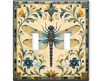 Blue Dragonfly Switch Plate Cover, Art Nouveau Dragonfly Light Switch Cover, Vintage Floral Wall Plate, Botanical Home Decor