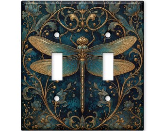 Art Nouveau Dragonfly Light Switch Cover, Blue Gold Dragonfly Switch Plate Cover, Vintage Nature Wall Plate, Elegant Home Decor