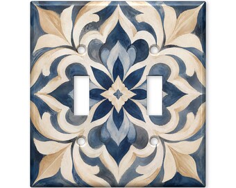 Blue Beige Mediterranean Tile Light Switch Cover, Watercolor Floral Switch Plate Cover, Spanish Tile Wall Plate, Coastal Home Decor