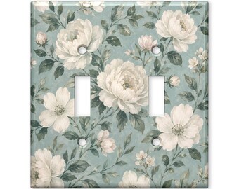 Vintage White Floral Switch Plate Cover, Blue Cottagecore Light Switch Cover, Shabby Chic Botanical Wall Plate, French Country Decor