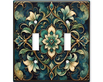 Art Nouveau Floral Switch Plate Cover, Teal Gold Botanical Light Switch Cover, Elegant Vintage Wall Plate, Luxury Home Decor