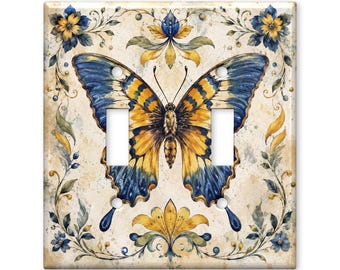 Placa embellecedora para interruptor de luz con mariposa azul y dorada, placa embellecedora vintage para interruptor de luz, placa de pared botánica, decoración para el hogar estilo casa de campo.