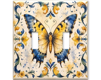 Blue Yellow Butterfly Switch Plate Cover, Vintage Butterfly Light Switch Cover, Cottagecore Botanical Wall Plate, Farmhouse Decor