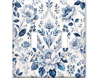 Blue Botanical Floral Switch Plate Cover, Chinoiserie Light Switch Cover, Vintage Blue Flower Wall Plate, Cottagecore Home Decor