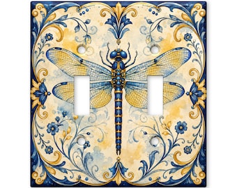 Blue Dragonfly Switch Plate Cover, Art Nouveau Dragonfly Light Switch Cover, Vintage Floral Wall Plate, Botanical Home Decor