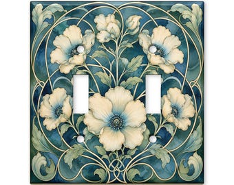 Art Nouveau Floral Light Switch Cover, Elegant Cream Flower Switch Plate, Blue Botanical Wall Plate, Vintage Home Decor