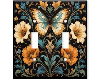 Vintage Butterfly Light Switch Cover, Art Nouveau Floral Switch Plate, Orange Blue Botanical Wall Plate, Cottagecore Home Decor