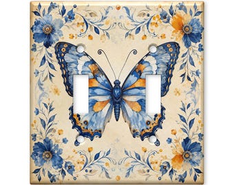 Blue Butterfly Floral Switch Plate Cover, Vintage Botanical Light Switch Cover, Cottagecore Wall Plate, Elegant Butterfly Home Decor