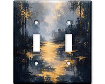 Moody Forest Lake Switch Plate Cover, Dark Landscape Light Switch Cover, Modern Nature Wall Plate, Gold Accent Home Decor