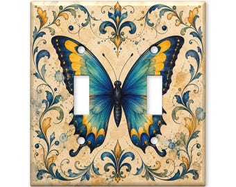 Teal Blue Butterfly Light Switch Cover, Vintage Butterfly Switch Plate, Cottagecore Botanical Wall Plate, Nature Home Decor