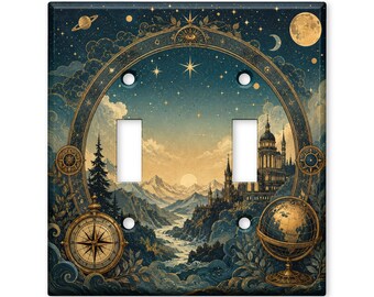 Celestial Observatory Switch Plate Cover Vintage Compass Moon Castle Mountain Landscape Decorative Light Switch Cover