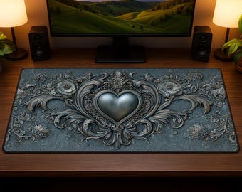 Victorian Heart in Gray, Victorian Art Desk Mat, Elegant Heart Deskmat for Home or Office, Gift for Her, Gift for Girlfriend