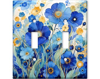Blue Wildflower Light Switch Cover, Watercolor Floral Switch Plate Cover, Cottagecore Botanical Wall Plate, Blue Gold Home Decor