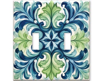 Ornamental Botanical Double Light Switch Cover, Elegant Damask Leaf Decor, Watercolor Inspired Nature Wall Plate