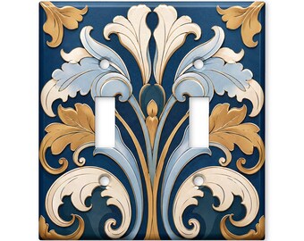 Art Nouveau Light Switch Cover, Blue Gold Floral Switch Plate, Elegant Vintage Wall Plate, Luxury Home Decor