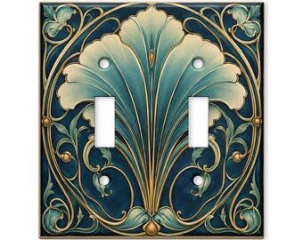 Art Nouveau Floral Light Switch Cover, Teal and Gold Switch Plate Cover, Vintage Botanical Wall Plate, Elegant Home Decor