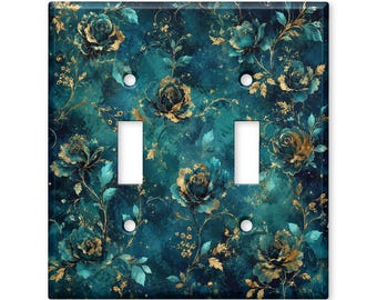 Teal Gold Floral Light Switch Cover, Elegant Watercolor Rose Switch Plate, Vintage Botanical Wall Plate, Luxury Home Decor