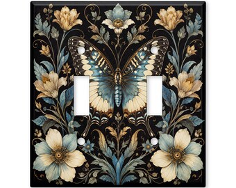 Vintage Blue Butterfly Light Switch Cover, Dark Botanical Floral Switch Plate, Art Nouveau Wall Plate, Cottagecore Home Decor