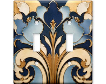 Art Nouveau Light Switch Cover, Blue Gold Floral Switch Plate, Elegant Vintage Wall Plate, Luxury Home Decor