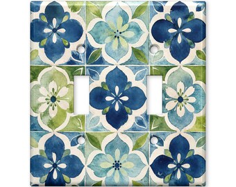 Watercolor Floral Tile Light Switch Cover, Mediterranean Mosaic Decor, Botanical Bathroom Kitchen Wall Plate Cover