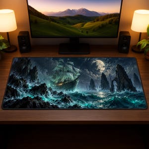 May include: A rectangular desk mat featuring a detailed illustration of a sailing ship navigating turbulent, dark teal ocean waves amidst jagged rock formations under a bright full moon in a cloudy night sky with a black border.