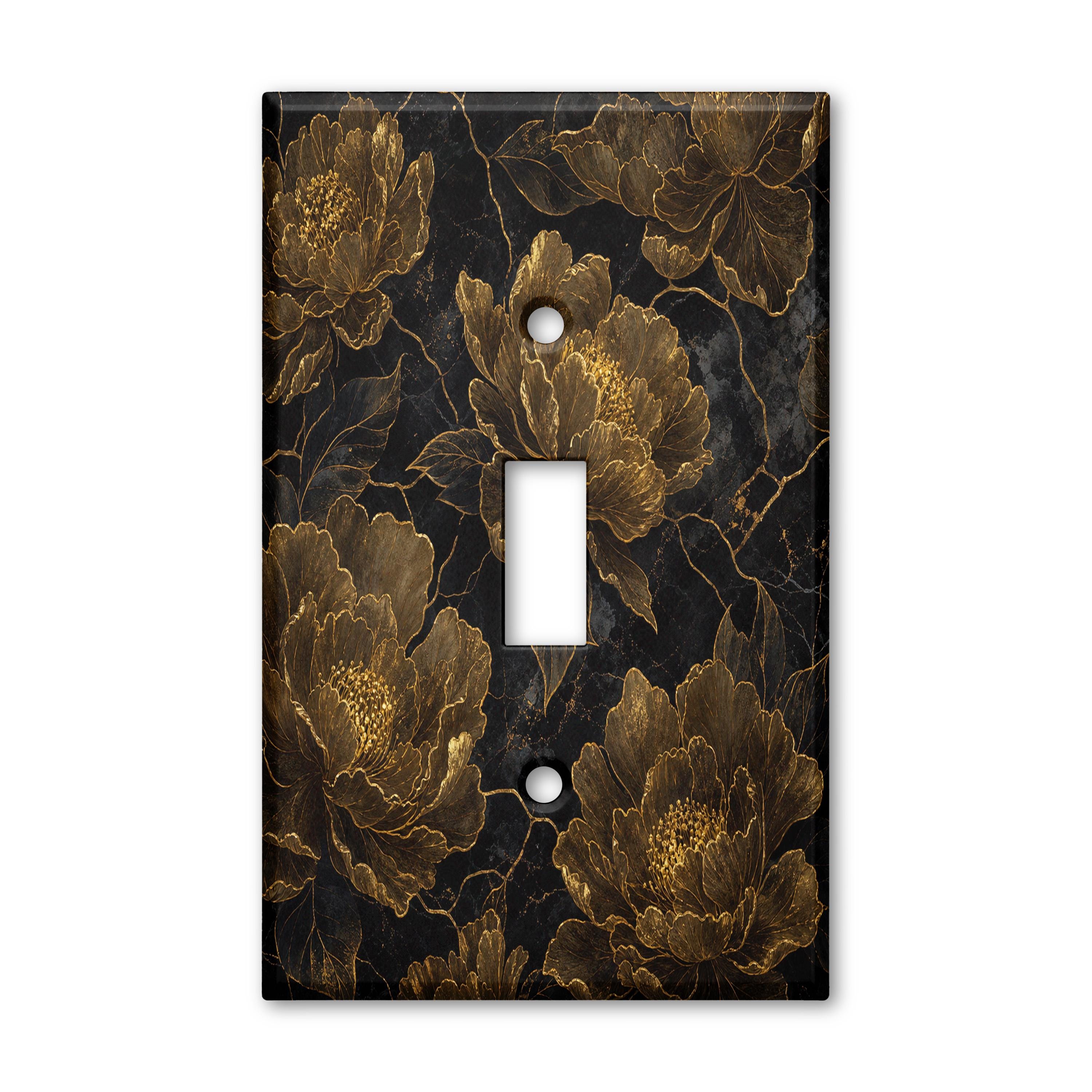 Black Gold Peony Floral Light Switch Plate Cover Decorative Toggle Outlet GFCI