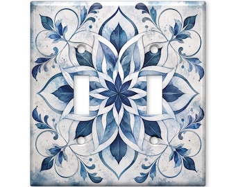 Blue Floral Mandala Light Switch Cover, Watercolor Botanical Switch Plate, Elegant Boho Wall Plate, Cottagecore Home Decor