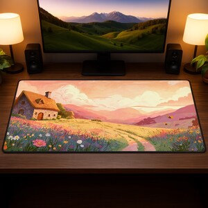 May include: A rectangular desk mat featuring a landscape painting of a cottage, a path, and a field of flowers. The artwork has a warm color palette with pink, orange, and yellow hues. The mat is on a wooden desk with a computer monitor, speakers, and lamps.