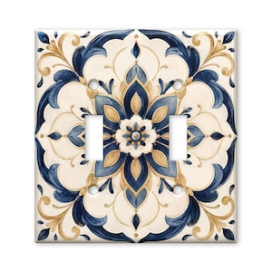 Mediterranean Floral Tile Light Switch Cover, Watercolor Mandala Wall Plate, Spanish Inspired Home Decor, Double Toggle Switchplate