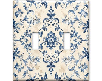 Blue Damask Light Switch Cover, Vintage French Floral Switch Plate Cover, Chinoiserie Wall Plate, Farmhouse Home Decor