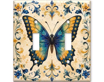 Placa embellecedora para interruptor de luz con mariposa azul verdosa, placa embellecedora vintage para interruptor de luz con mariposa, placa de pared con diseño botánico rústico, decoración para el hogar estilo granja.