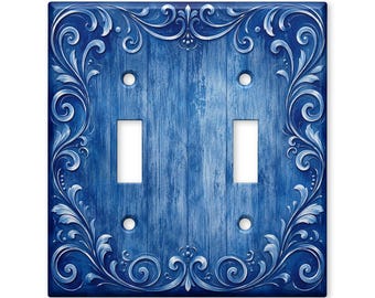 Blue Floral Scroll Light Switch Cover, Vintage Blue Wood Switch Plate Cover, Ornate Victorian Wall Plate, Farmhouse Decor
