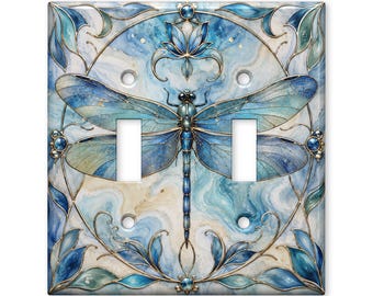 Blue Dragonfly Light Switch Cover, Art Nouveau Dragonfly Switch Plate Cover, Stained Glass Botanical Wall Plate, Nature Home Decor