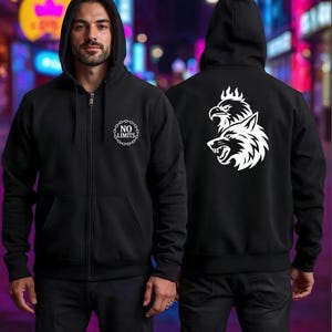 Sweat à capuche zippé avec imprimé loup au dos | Sweat à capuche avec logo chaîne sur la poitrine | Sweat à capuche unisexe streetwear zippé | Sweat à capuche outdoor inspirant