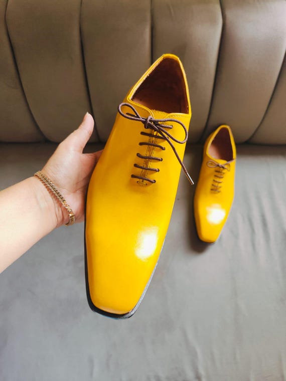 mens yellow dress shoes Patent Contemporary Tuxedo Premium Leather Dress Shoes Mens Flashy Yellow Satin Textile