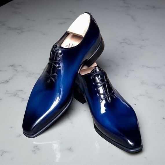 Handmade Men's Blue & Black Shiny Leather Oxford Whole-Cut Shoes