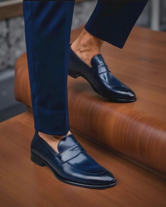 Handmade Navy Blue Leather Slip-on Dress Shoes: Wedding  display picture 3