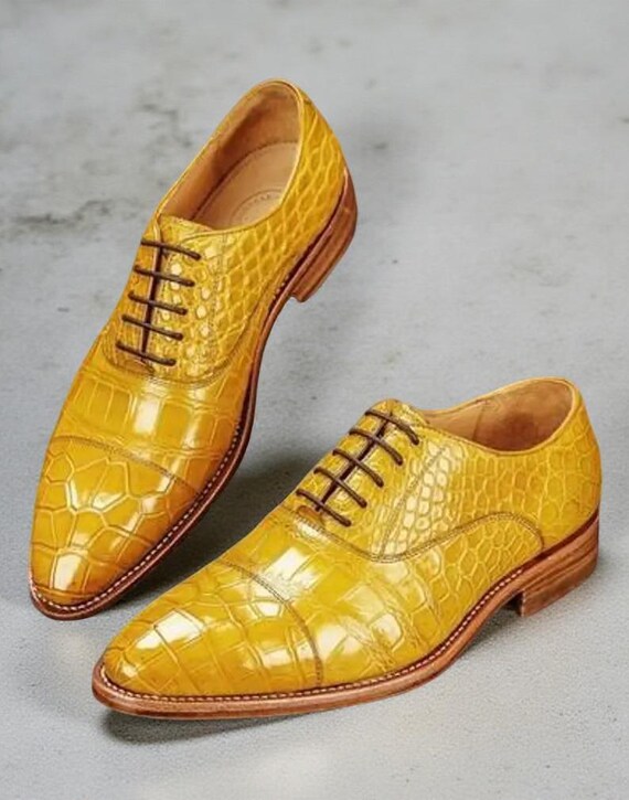 Bespoke New Men's Genuine Yellow Print Leather Lace Up Dress Shoes Men