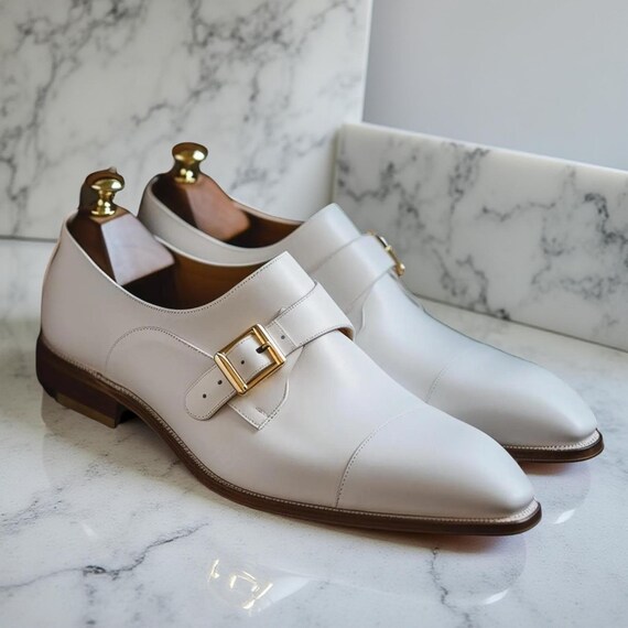 Genuine Handmade Men's White Leather Shoes, Buckle Formal Dress Loafer Shoe