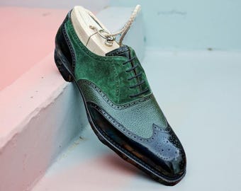 Handmade Men's Wingtip Oxford Shoes in Green Leather - Luxury Bespoke Footwear