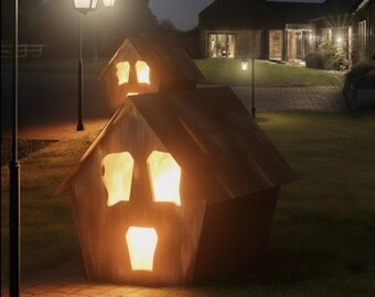 May include: A night scene showing illuminated wooden house-shaped structures with cut-out windows, resembling faces. The structures are on a grassy lawn, lit by street lamps and the moon. A house is in the background.