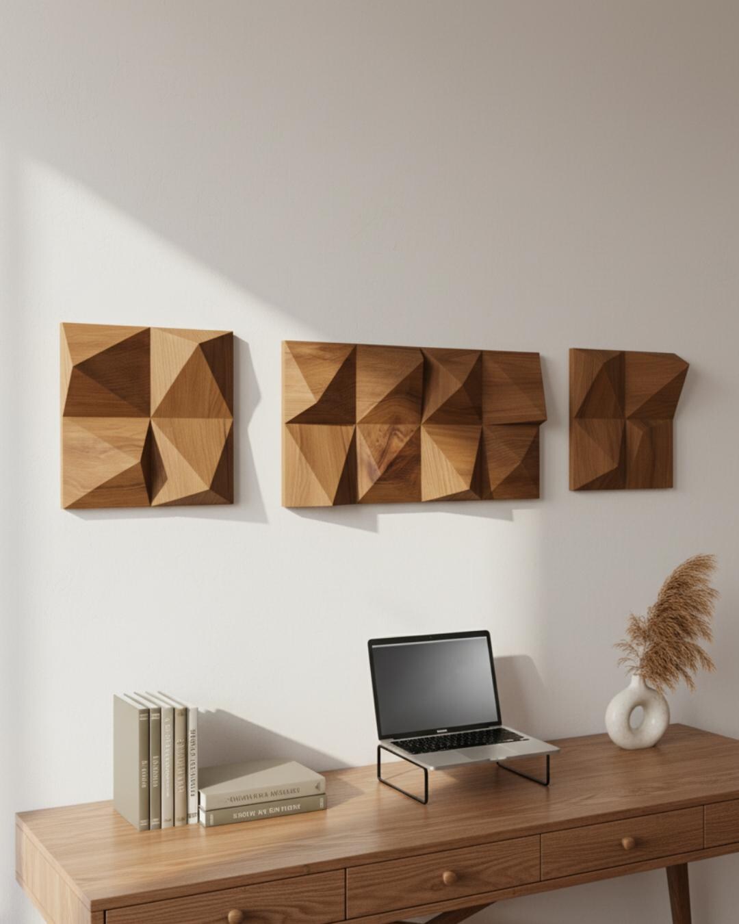 Geometric Wood Carving Wall Hanging Set: 3 Pieces Modern Handmade Home ...