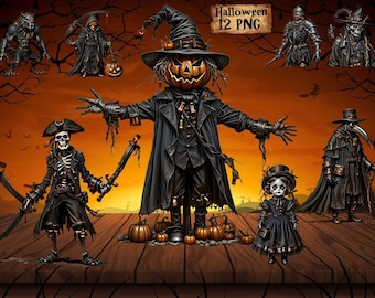 Dark Halloween Character Clipart Set: Gothic Horror PNG Images (Digital Download)