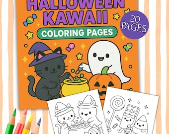 Disegni da colorare di Halloween in stile Kawaii, spettrali per bambini e adulti, download immediato in PDF.