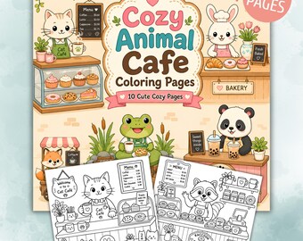 May include: A children's coloring book titled "Cozy Animal Cafe Coloring Pages" with illustrations of animals in cafe settings. The cover features a cat, bunny, frog, and panda. The book includes 10 pages.