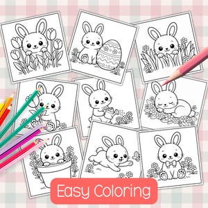 May include: A collection of black and white coloring pages featuring adorable cartoon bunnies in various poses, with flowers and Easter eggs. The phrase "Easy Coloring" is displayed on a red banner. Colored pencils are scattered around the pages.