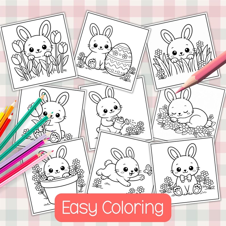 May include: A collection of black and white coloring pages featuring adorable cartoon bunnies in various poses, with flowers and Easter eggs. The phrase "Easy Coloring" is displayed on a red banner. Colored pencils are scattered around the pages.