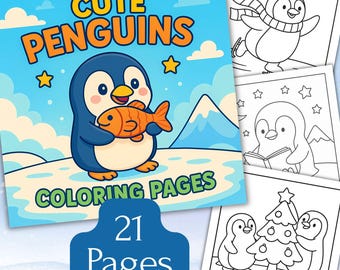 Cute Penguin Coloring Pages, Winter Animal Coloring Book for Kids & Adults, Fun Holiday Printable Activity, Instant Download PDF